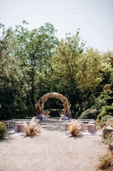 Açık hava düğün kemeri pampa otları ve çiçeklerle süslenmiş doğal ortamda