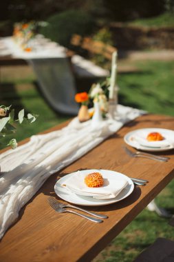 Turuncu yıldız çiçekli şık bir sofra.