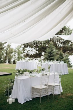 Beyaz masa örtüsü, narin çiçek aranjmanları ve yeşil çimenlerin üzerinde hayalet sandalyeleri olan zarif bir açık hava düğün başkanı.