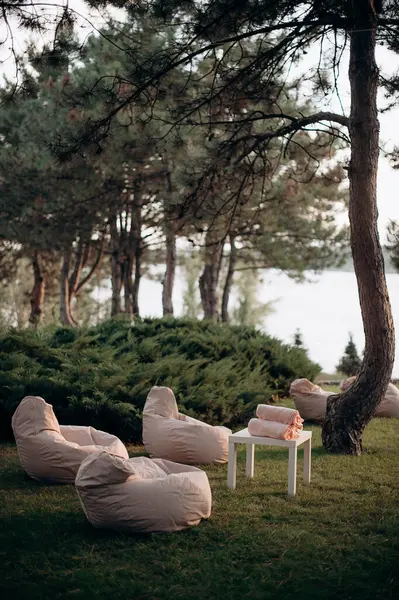 Bej armut koltuklu rahat bir açık hava salonu.