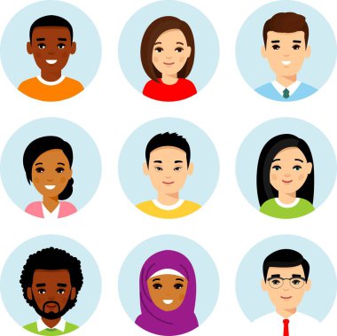 Farklı avatarlar Afro-Amerikan, Avrupalı erkek ve kadınlardır..