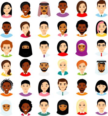 Farklı avatarlar Afro-Amerikan, Avrupalı erkek ve kadınlardır..