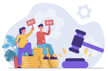 Müzayede düzenleniyor, insanlar teklif veriyor. Çekiç bardak altlığına çarpar.