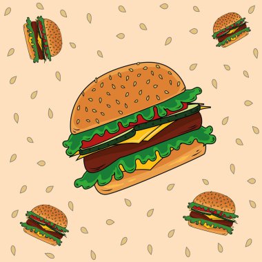Marullu, peynirli, domatesli ve salatalıklı hamburgerler susam tohumları çizimi