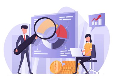 İş analizleri. Bir kadın dizüstü bilgisayarda iş analizi yapıyor, bir erkek de grafikle sunum yapıyor.. 