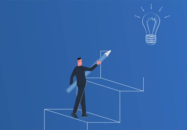 Bir iş adamı ampule merdiven dayar. İş fikri