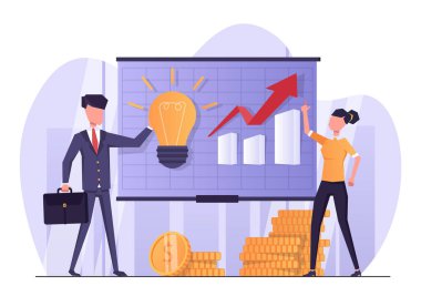 İş adamları iş fırsatlarını tartışıyor. Elinde evrak çantası olan bir adam elinde bir ampul tutuyor. Bir kadın, iş büyümesinin kırmızı okunu gösteren bir çizelgenin yanında duruyor..