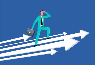 Koyu renklerde. Bir işadamı ilerleyen oklarda duran mesafeye bakar. İş vektörü çizimi.