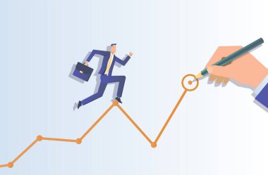 İş hedefi. İşadamı büyüme çizelgesinde hedefine doğru koşuyor.