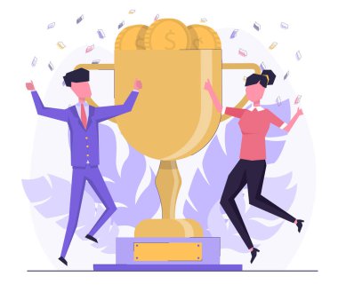 İş ödülü. Bir adam ve bir kadın altın bir bardağın yanında paralarla zıplıyorlar.