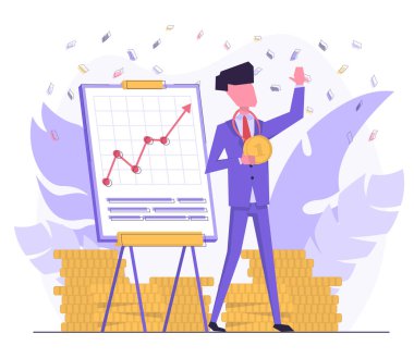 İş ödülü. Bir işadamı listenin başında duruyor ve elinde altın bir madalya var.