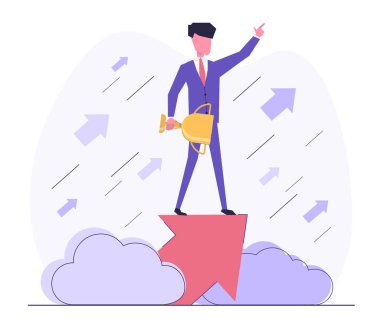 İş ödülü. İş adamı ok üzerinde durur ve kupayı tutar..