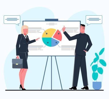 İş adamı ve iş kadını iş geliştirme stratejisini tartıştılar. Tahtada düz vektör illüstrasyonunu analiz eden bir şema var.