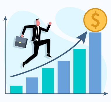 İşadamı sermaye grafiğindeki ok üzerinde çalışır, bu da iş büyümesi düz vektör çizimini simgeler.