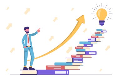 İş büyümesi. İşadamı kitaplara doğru yürür ampulün yanına.