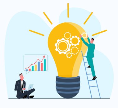 İş adamlarından oluşan bir ekip yeni bir fikir oluşturur, bir adam yaylardan bir ampul toplar, meslektaşı dizüstü bilgisayarla oturur ve bir büyüme grafiği düz vektör çizimini analiz eder.