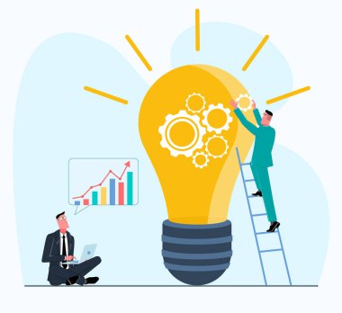 İş adamlarından oluşan bir ekip yeni bir fikir oluşturur, bir adam yaylardan bir ampul toplar, meslektaşı dizüstü bilgisayarla oturur ve bir büyüme grafiği düz vektör çizimini analiz eder.