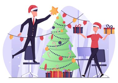 Ofisteki işadamları Noel ağacını, yeni yılı ve Noel atmosferini dekore ediyorlar.