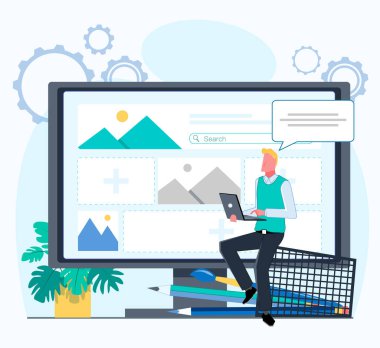 İçerik yöneticisi web sitesini bilgiyle doldurur. Bir adam kalem ve fırçayla kırtasiye bardağına oturur ve dizüstü bilgisayar tutar. Düz vektör illüstrasyonu.