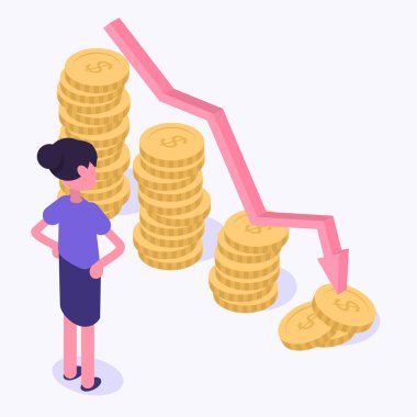 Kriz. Kadın düşmekte olan tabloya umutsuzca bakıyor. Finansal kayıplar