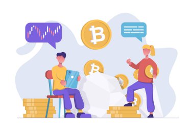 Tabletli bir adam kripto para biriminin büyümesinin grafiğini kripto döviz takasında takip ediyor. Yakınlarda bir kadın bitcoin çıkarıyor. Arka planda altın sikkeler, kaya ve bitcoinler var..