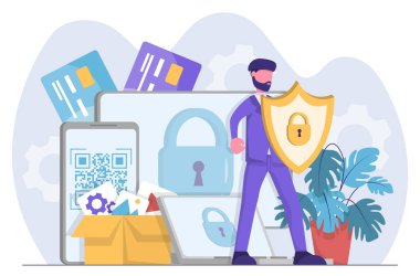 Siber güvenlik. İşadamı verilerini ve cihazlarını bir kalkanla koruyor.