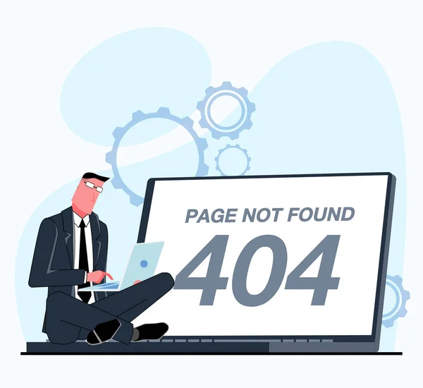 404エラーが見つかりませんでした ラップトップで仕事をしてるビジネスマンは404エラーが出た 平面ベクトル図 — ストックベクタ