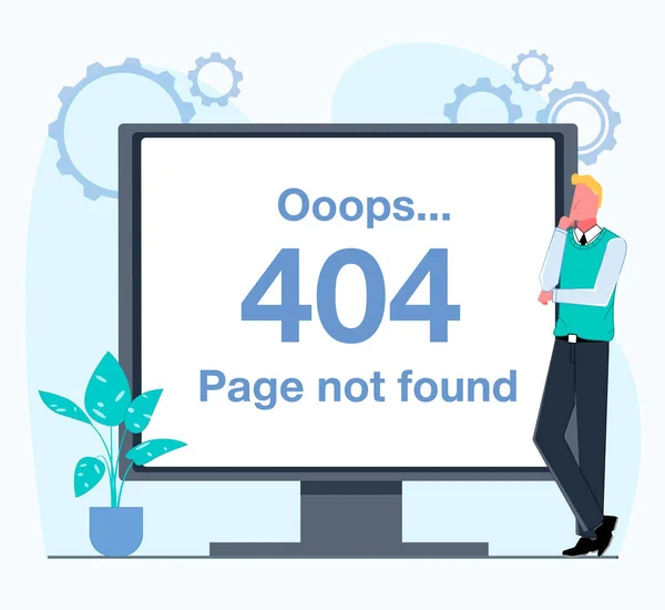 Erro 404 Não Encontrado Homem Está Lado Monitor Que Mostra —  Vetores de Stock