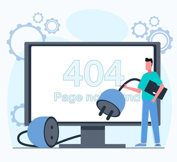 Erro 404 Não Encontrado Homem Está Lado Monitor Que Mostra —  Vetores de Stock