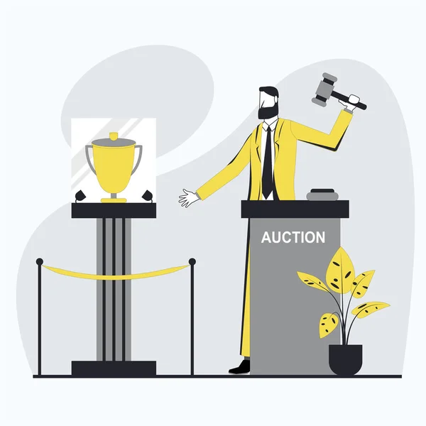 Businessman Conducts Auction Trophy Pedestal Nearby Flat Vector Illustration — Stock Vector
