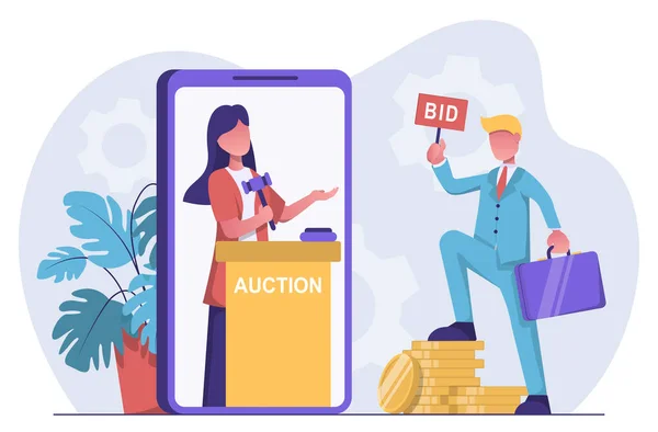 Auction Businessman Makes Bid Online Auction — Stock Vector