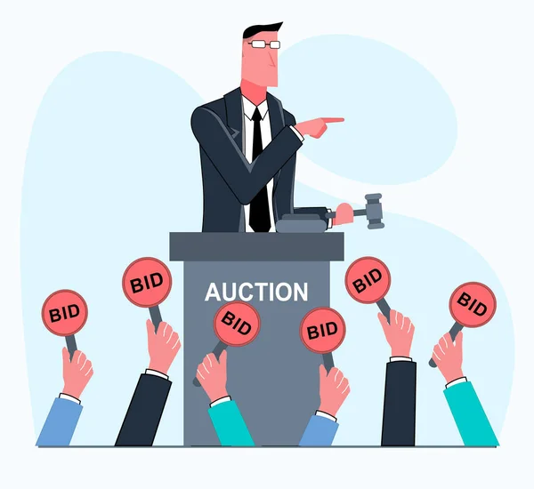 Businessman Holds Auction People Hold Bidding Signs Flat Vector Illustration — Stock Vector