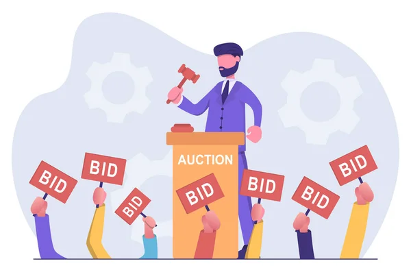Auction Businessman Holds Auction People Bid — Stock Vector