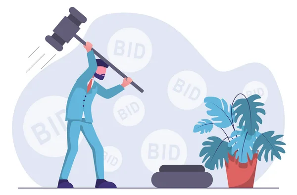Auction Businessman Holds Auction Hits Coaster Hammer Background Bids — Stock Vector