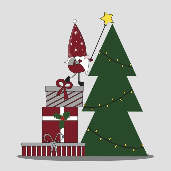 Año Nuevo Navidad Santa Claus Elfo Encuentra Una Pila Regalos — Archivo Imágenes Vectoriales