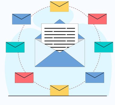 Açık bir mektubun ortasındaki e-posta servisi mesajlaşma servisinin belge dosyası düz illüstrasyonla senkronize edilmesi