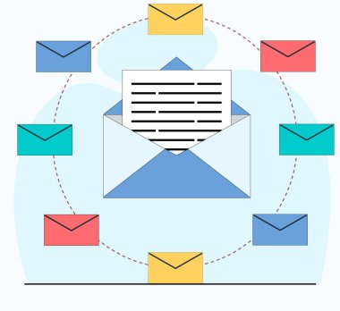 Açık bir mektubun ortasındaki e-posta servisi mesajlaşma servisinin belge dosyası düz illüstrasyonla senkronize edilmesi