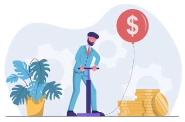 Finansal yatırımlar. Enflasyon. İş adamı balonu dolarla şişiriyor