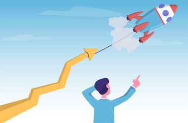 Finansal bakış açısı. İş adamı roketin büyüyen oku yukarı çekişini izliyor.