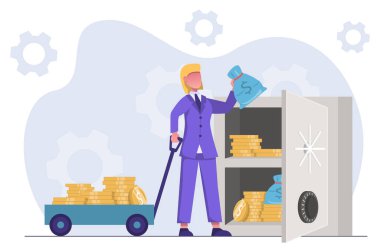 Finansal yastık. İş kadını birikimlerini bir araba dolusu para taşıyan bir kasada biriktirir.