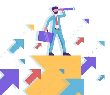 Anahtar performans göstergeleri. İşadamı okları kaldırır ve dürbünden bakar.