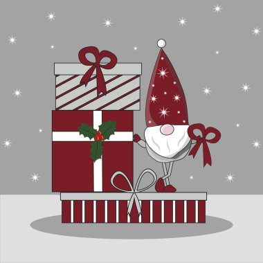 Yeni yıl. Noel zamanı. Noel Baba Elf, kutsal hediyeler ve kurdelelerle bir yığın yeni yıl hediyesinin üzerinde duruyor.