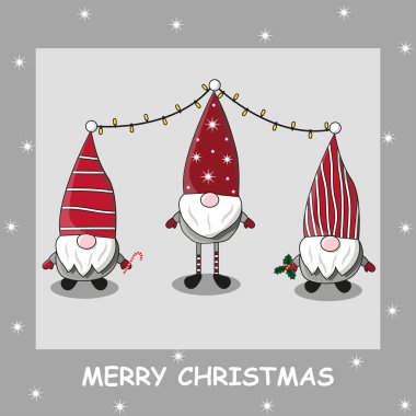 Yeni yıl. Noel zamanı. Sakallı, şapkalı ve çelenkli üç elf.