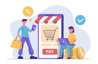 Elinde çanta olan bir adam akıllı telefonundan online alışveriş yapıyor. Kafasında indirimler olan bir balonu var. Yanında bir kadın oturuyor altın paraların üstünde ve bilgisayarından alışveriş yapıyor..