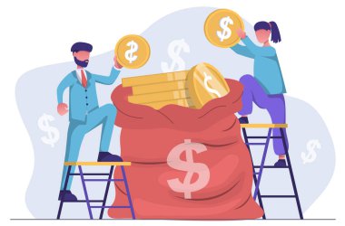 Tasarruf. İş adamları çantaya altın sikke koyar.