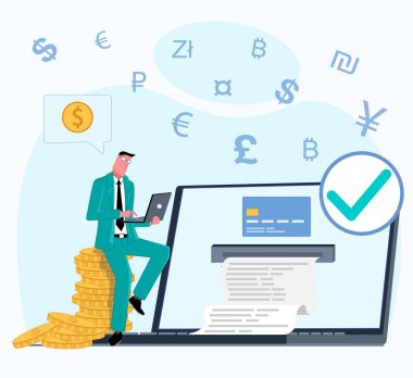 Bir erkek işadamı, altın paranın üzerinde dizüstü bilgisayarının yanında oturur ve para birimi simgelerinin etrafında kredi kartı olan bir işlemin çevrimiçi ödemesi hakkında bir çek yazılır.