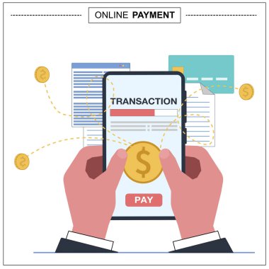 İş elbisesi içindeki eller, mobil banka başvurusu olan bir akıllı telefonu tutuyor ve online işlem yapılıyor. 