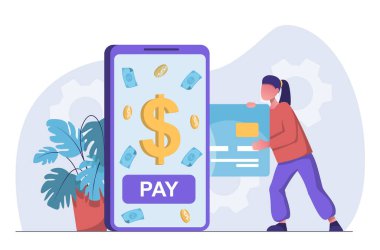 Çevrimiçi ödeme. Kadın ödemeyi yapmak için telefona kredi kartı takıyor.