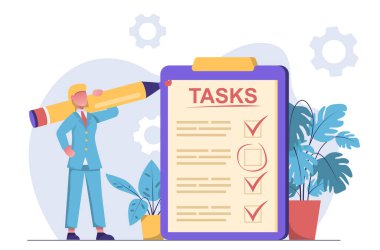 Kişisel verimlilik. Bir iş kadını görevleri bir pano üzerinde bir işaretleyici ile tamamlar