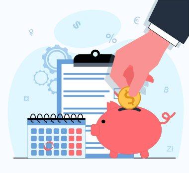 İş adamının eli domuz kumbarasına bir altın para koyar. Yanında bir takvim ve görevleri olan bir tablet var. Finansal bir bütçe planlıyorum. Düz vektör illüstrasyonu.